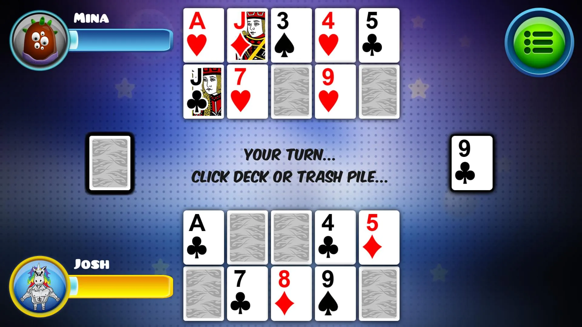 Trash, this fast-paced card by game on mobile by Josh's Games where players race each other to complete sequences