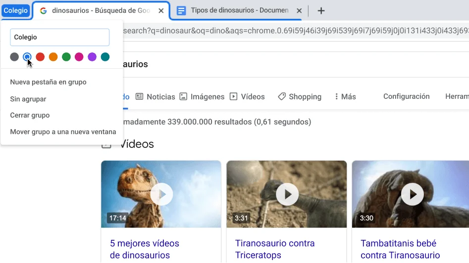 Ventana del navegador Chrome con un cuadro de diálogo que muestra cómo se pone nombre a un grupo de pestañas.