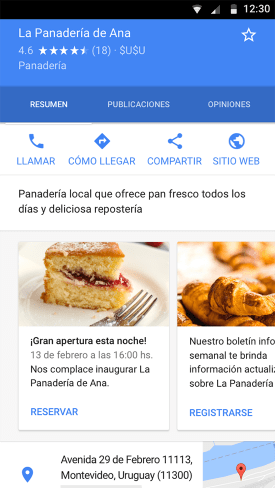 Ejemplo de un Perfil comercial de una panadería, donde se destaca la función Publicaciones.